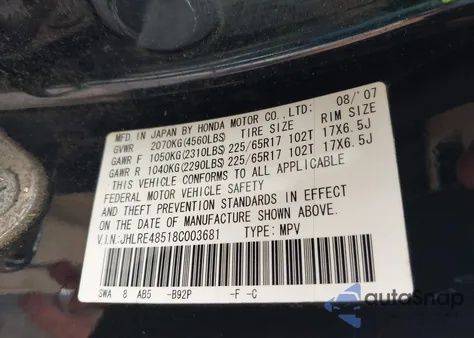 2008 Honda Cr-V Ex from USA, damaged, VIN JHLRE48518C003681